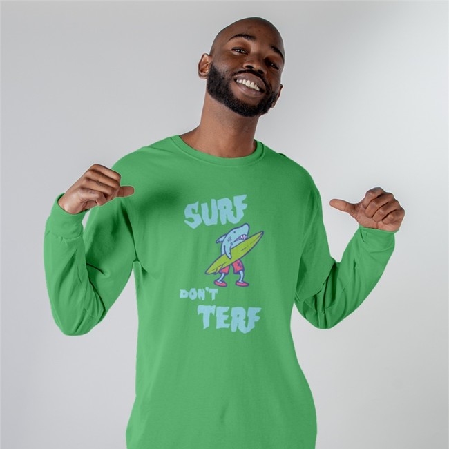 Surf Don’t Terf Shark Illustration Surf Board Surfer Cartoon Image Hoodie MortuaryReport Gendereveal