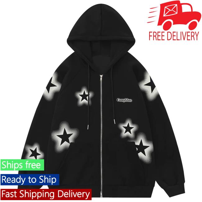 Official Lemandik Chic Zipper Hooded Sweatshirt Full Star Black
