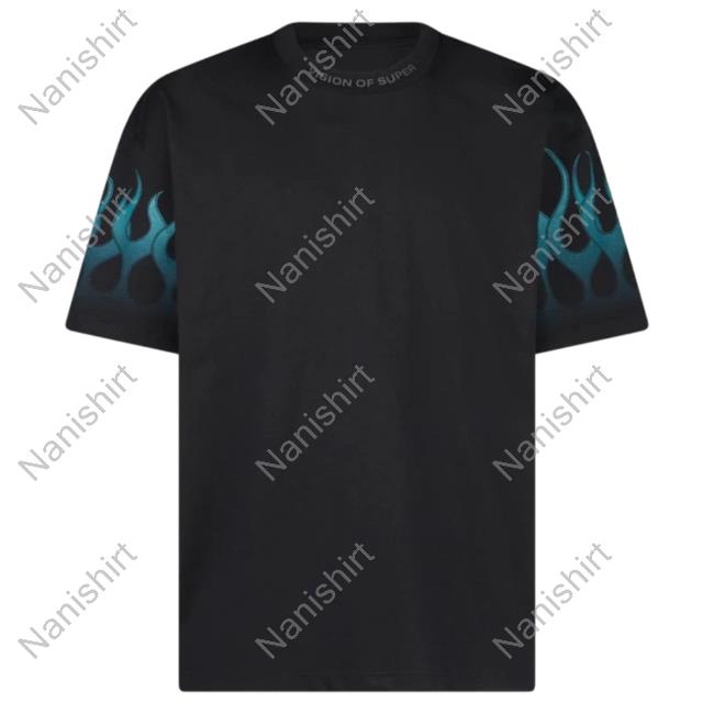 Official Vision Of Super Black Tees With Light Blue Gradient Flames