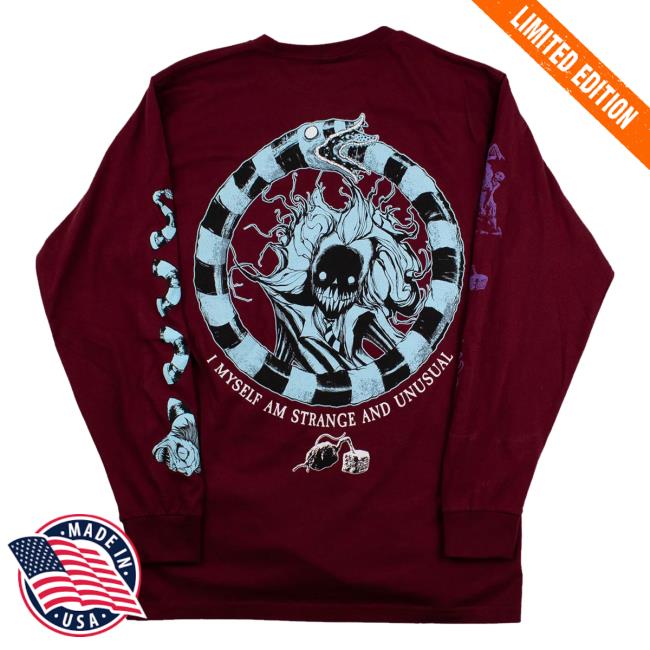 Official Any Means Necessary Clothing Beetlejuice I Myself Am Strange And Unusual Long Sleeve T-Shirt Burgundy