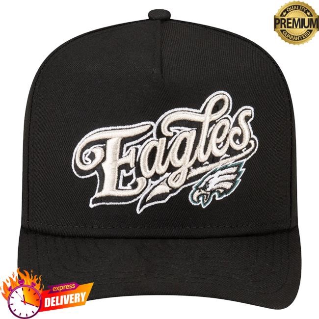 Official Born X Raised Merch Born X Raised + Eagles Pro Script A-Frame Snapback Hat: Black NFL 2025 Kickoff