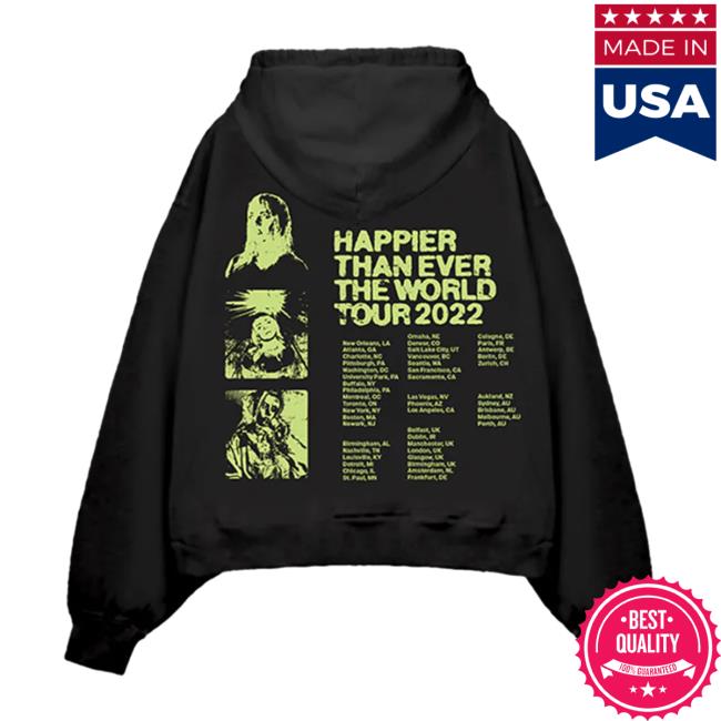 Official Interscope Records BillieEilish Merch Clothing Store Billie Eilish Happier Than Ever World Tour Black 2022 Hoodies
