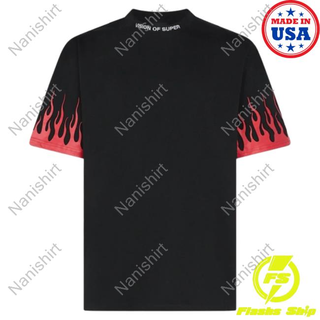 Official Vision Of Super Black Tee Shirt With Printed Red Flames