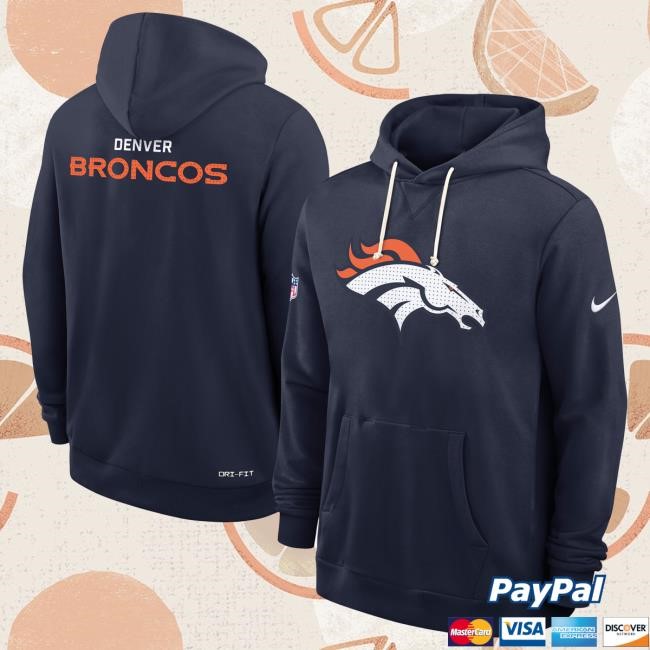 Official Denver Broncos Shop Men's Nike Navy Denver Broncos Sideline Standard Issue Initial Home Dri-FIT Pullover Hoodie DenverBroncos