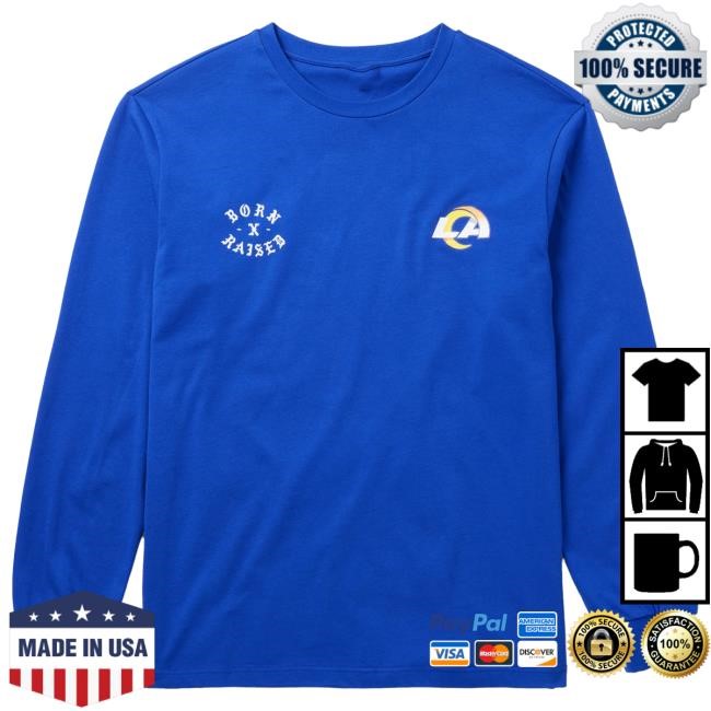 Official Born X Raised Merch Store Born X Raised + Los Angeles Rams Arch Long Sleeve T Shirt: Royal Blue BornxRaised