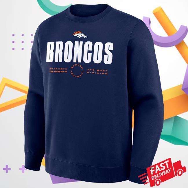 Official Denver Broncos Men's Fanatics Navy Denver Broncos Direct Handoff Legacy Crew Neck DenverBroncos