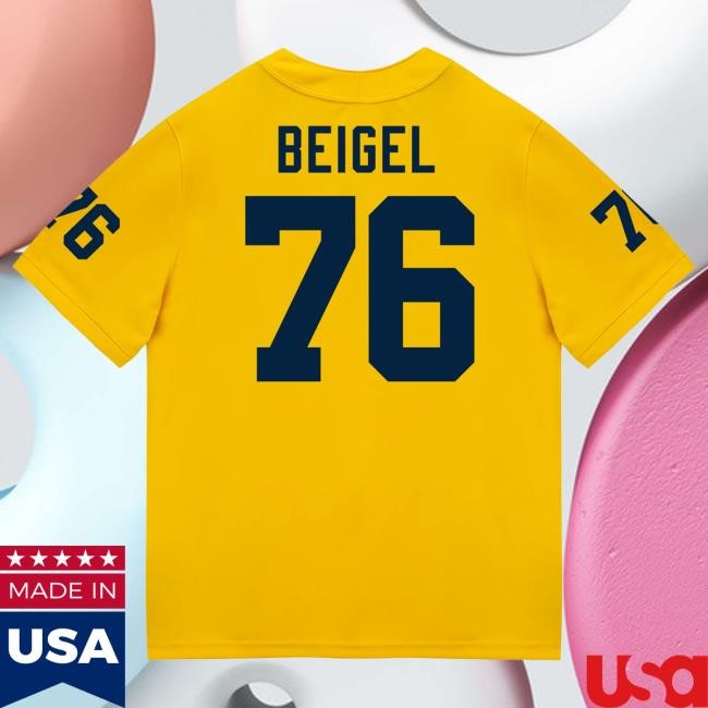 Michigan Wolverines #76 Manuel Beigel Student Athlete Maize Football Jersey Shirt The M Den Shop Official