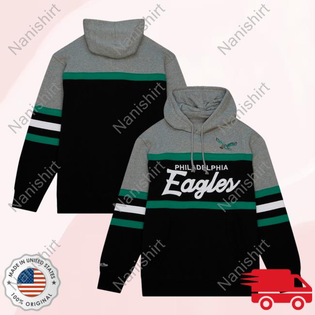 Official PhiladelphiaEagles Clothing Merch Store Shop Mitchell & Ness Black/Heather Gray Philadelphia Eagles Head Coach Hooded Sweatshirt